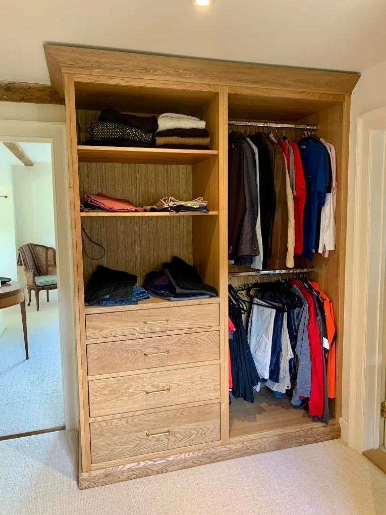 Oak wardrobe with open shelving and drawers